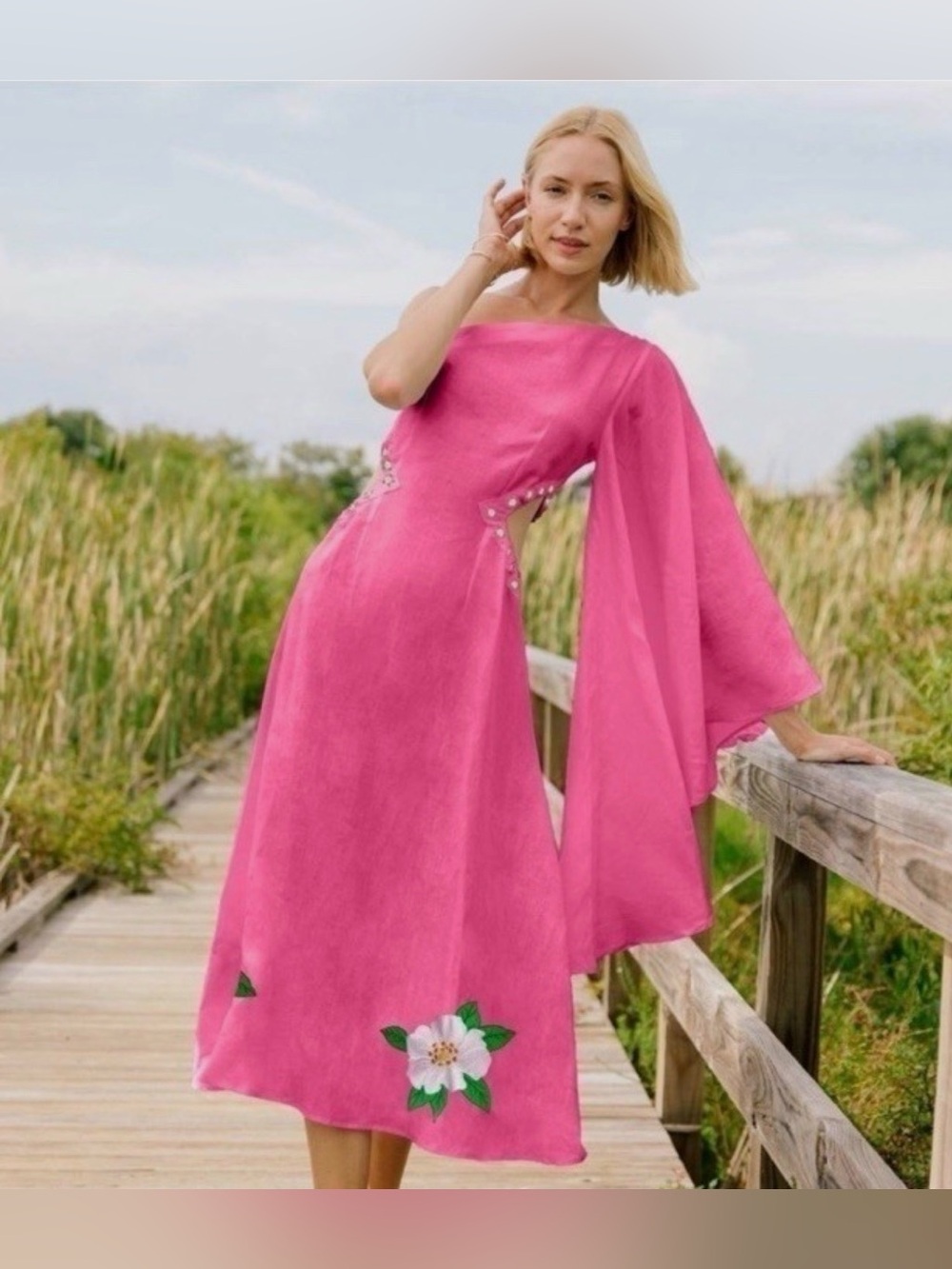 Fanm Mon Hot Pink One-Shoulder Midi Dress with Floral Appliqué